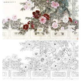 横幅工笔花鸟白描底稿-王庆升牡丹《御花园之春》-多种白描尺寸可选-QA01