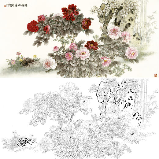 横幅工笔花鸟白描底稿-王庆升牡丹《总领群芳》-多种白描尺寸可选-QA04 商品图0
