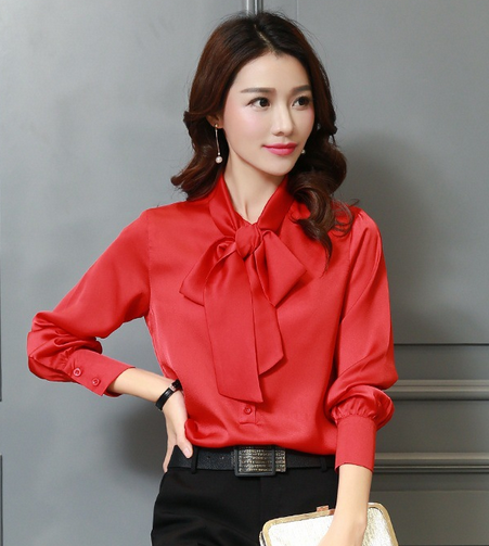 AL2972春款韩国新品蝴蝶结真丝衬衫女