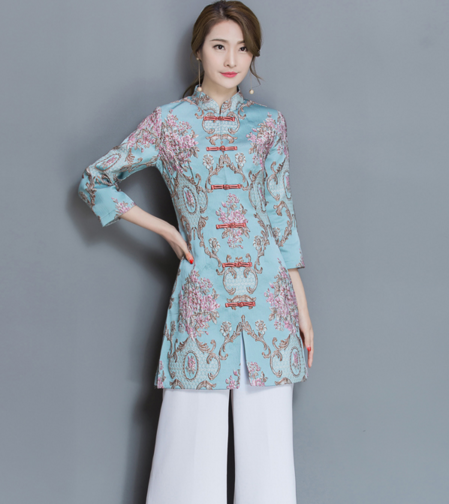 F 5924春季新款民族风印花时尚立领盘扣修身显瘦气质阔腿裤套装