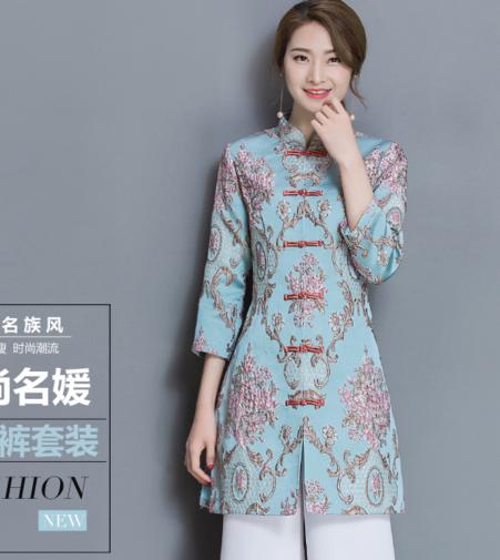 F 5924春季新款民族风印花时尚立领盘扣修身显瘦气质阔腿裤套装 商品图1