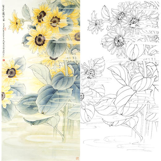 竖幅工笔花鸟白描底稿-王道中-花卉向日葵《富贵满天金》-多种白描尺寸可选-QS06 商品图0