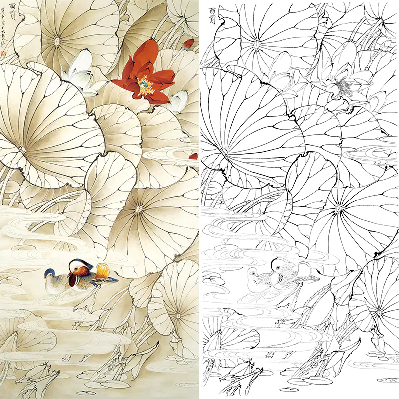 竖幅工笔花鸟白描底稿-王道中-荷花鸳鸯-《雨前》-多种白描尺寸可选-q