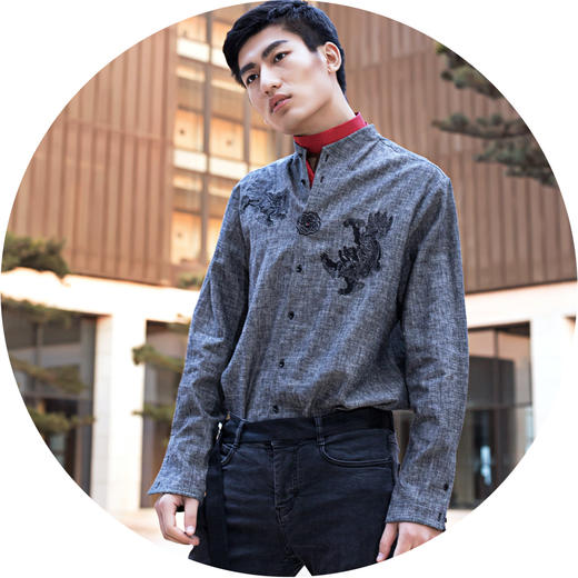 子皿三石 设计师原创 新中式男装 事事如意连立领衬衣 商品图2