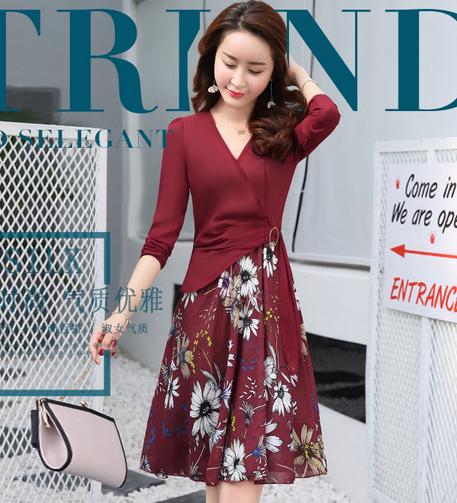 ALXBL1903中长款七分袖拉链2017年春季连衣裙花色V领中腰 商品图2