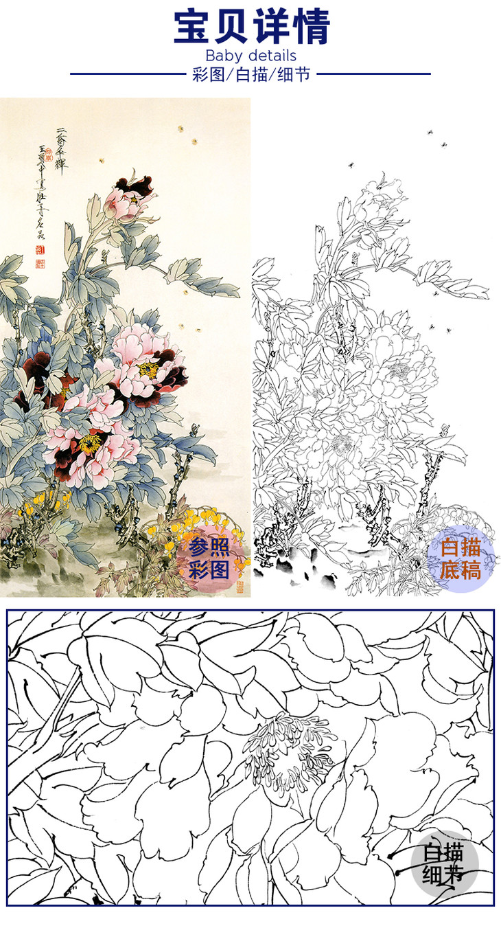 豎幅工筆花鳥白描底稿王道中牡丹二喬爭輝多種白描尺寸可選qs17