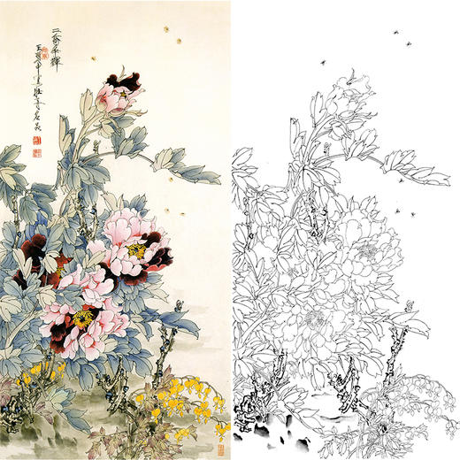 竖幅工笔花鸟白描底稿王道中牡丹二乔争辉多种白描尺寸可选qs17