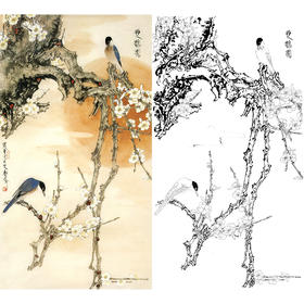 竖幅工笔花鸟白描底稿-王道中-《双鹊图》-多种白描尺寸可选-QS14