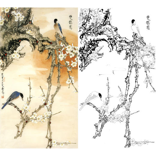 竖幅工笔花鸟白描底稿-王道中-《双鹊图》-多种白描尺寸可选-QS14 商品图0