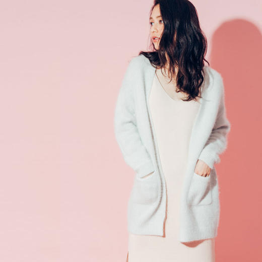 【服饰鞋包】精品日系新款春装女貂毛针织宽松中长款v领口袋开衫纯色毛衣外套 商品图0