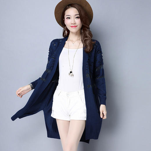 【服饰鞋包】春季新款女装纯色长袖针织衫开衫中长款镂空毛衣外套 商品图0