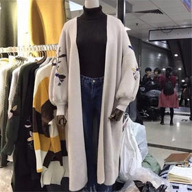 【服饰鞋包】春装新款休闲个性刺绣宽松大码毛衣女中长款长袖针织衫开衫外套潮