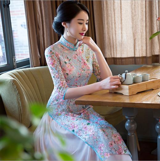 gsj7603气质奥黛长款显瘦改良蕾丝旗袍