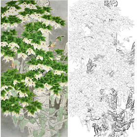 竖幅工笔花鸟白描底稿-周彦生《峨眉飞鸽》-多种白描尺寸可选-QN21