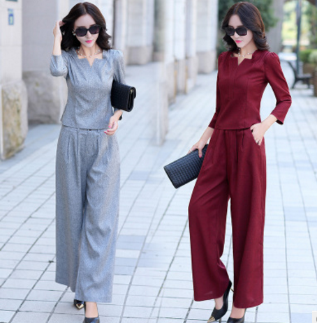 AL8627新款休闲阔腿裤套装棉麻两件套