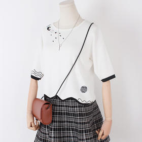 【服饰鞋包】春夏新款日韩女装海豚刺绣针织短袖t恤女套头针织荷叶边上衣