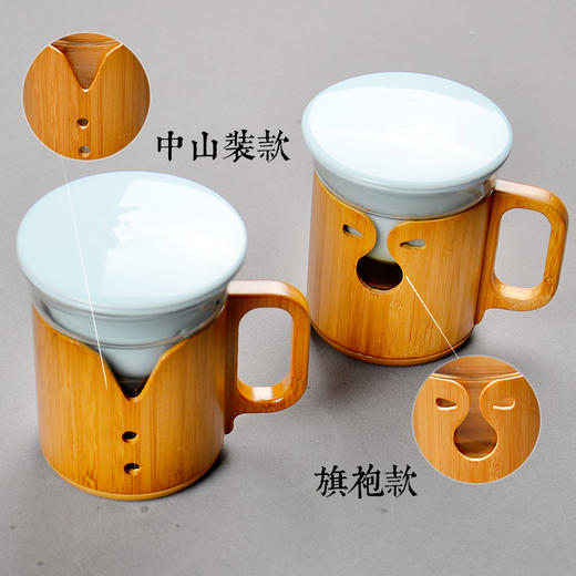 永利汇祥福乐透耐热玻璃影青陶瓷内胆孟宗竹制手把竹福个人办公杯旗袍款 商品图3