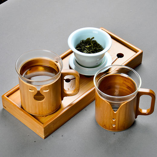 永利汇祥福乐透耐热玻璃影青陶瓷内胆孟宗竹制手把竹福个人办公杯旗袍款 商品图1