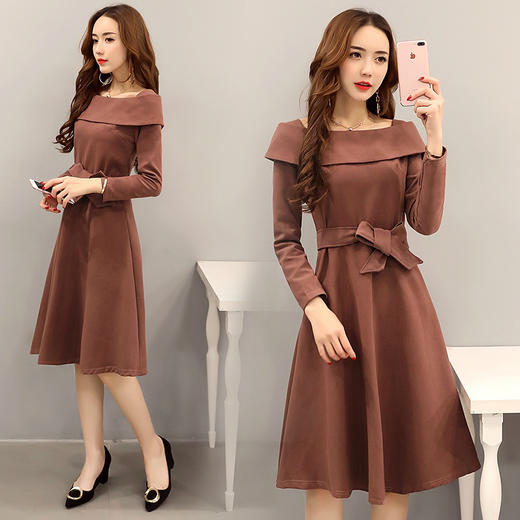 连衣裙春装新款韩版一字领连衣裙女长袖中长款修身大摆裙子