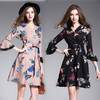 【服饰鞋包】欧洲站春装新款女名媛气质V领喇叭袖收腰修身A字印花连衣裙 商品缩略图0