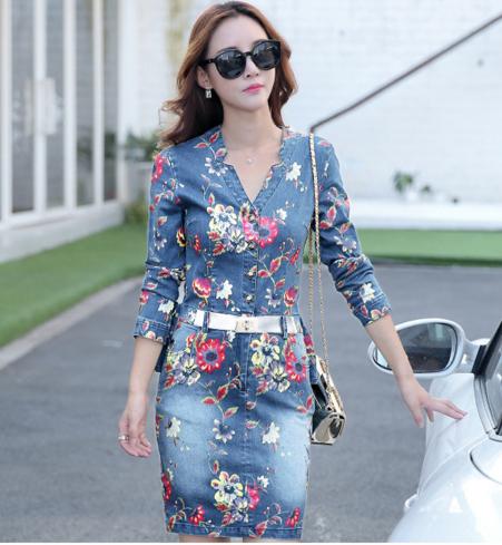 CQ1682 春季新品V字领七分袖收腰短裙一步裙 潮 印花 商品图2