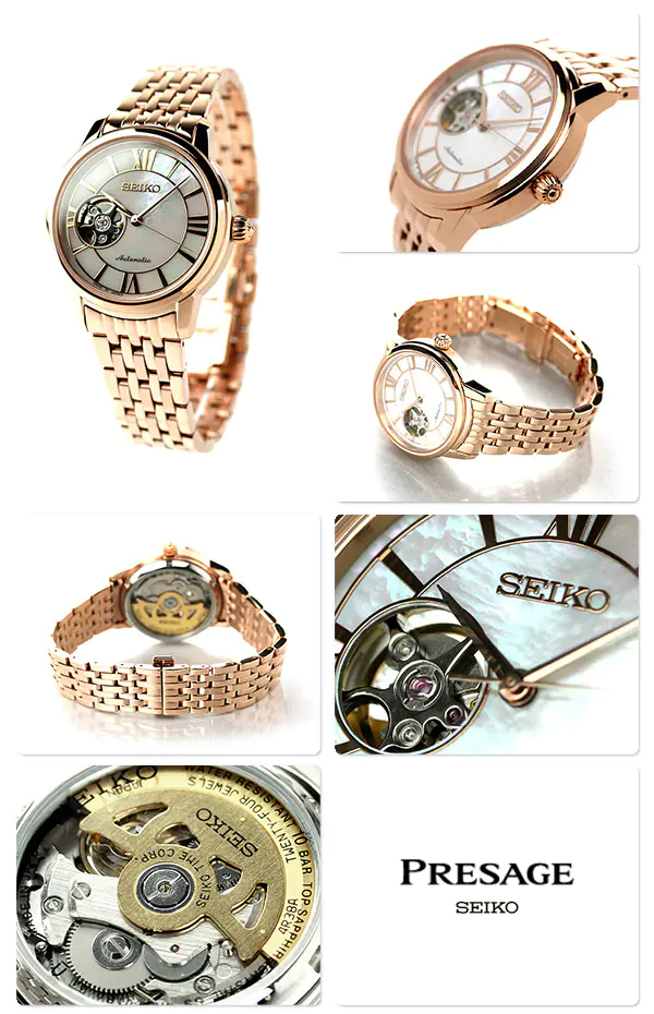 精工seiko presage 玫瑰金镂空机械女表对表手表 srry024