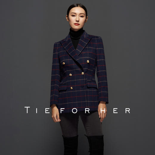 TF058粗纺深蓝格纹双排上衣 商品图0