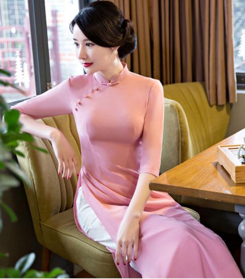 ML 奥黛01  早春新款中袖长款越南奥黛飘逸旗袍连衣裙 商品图1