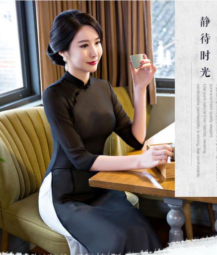 ML 奥黛01  早春新款中袖长款越南奥黛飘逸旗袍连衣裙 商品图2