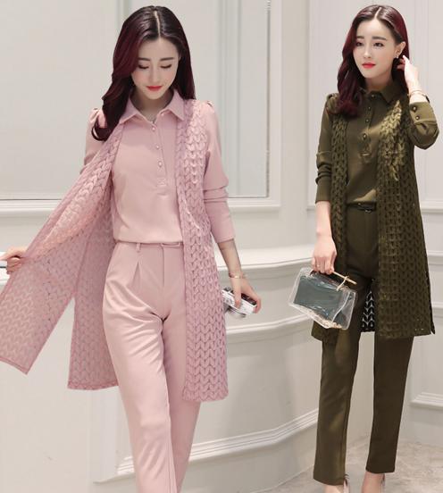 CQ HBLJR6016  春季新品翻领长袖纯色雪纺衫女式哈伦裤三件套 商品图1