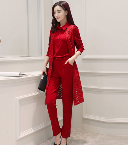 CQ HBLJR6016  春季新品翻领长袖纯色雪纺衫女式哈伦裤三件套