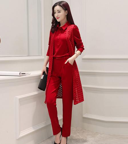 CQ HBLJR6016  春季新品翻领长袖纯色雪纺衫女式哈伦裤三件套 商品图0