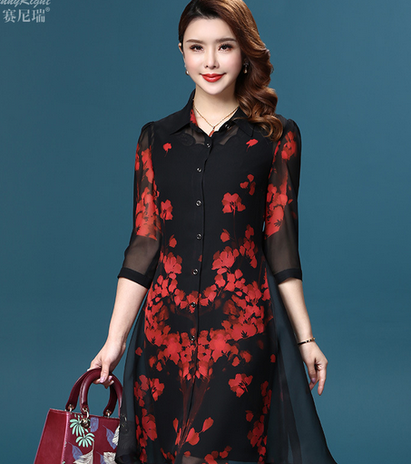 KLY1154  春夏新款气质两件套中腰修身印花七分袖连衣裙