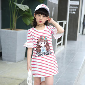 。【女童短袖】夏装儿童韩版短袖T恤夏季新款女童中长款大童条纹印花打底衫