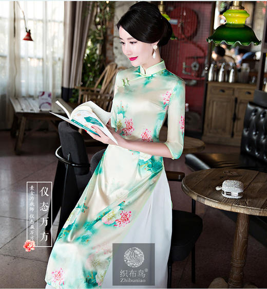 4下架)【牡丹流水】奥黛旗袍高档丝绸修身改良旗袍hzj7214