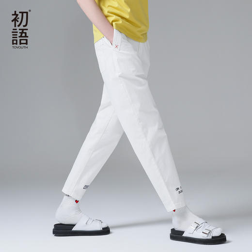 初语2017夏装新款字母刺绣显瘦直筒裤女白色休闲裤个性长裤子