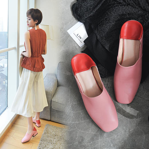 【服饰鞋包】春夏新款欧美 单鞋平底粗跟方头浅口拼色套脚女鞋 商品图0