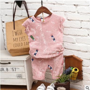 【童装】夏季新款童装 满印铅笔纯棉儿童短袖短裤套装 韩版男女童套装 商品图3