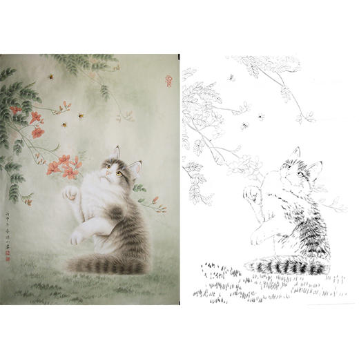 竖幅工笔动物白描底稿-李保山-猫咪-EL07 商品图0