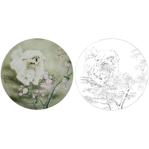 工笔动物白描底稿-李保山-狗小品《一片春心付海棠》-多种白描尺寸可选-EL09 商品图0