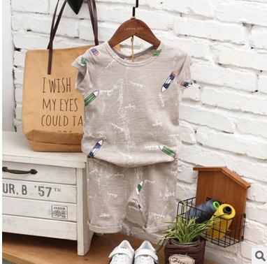 【童装】夏季新款童装 满印铅笔纯棉儿童短袖短裤套装 韩版男女童套装 商品图0