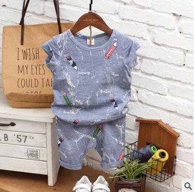 【童装】夏季新款童装 满印铅笔纯棉儿童短袖短裤套装 韩版男女童套装 商品图1