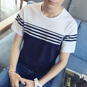 【服饰鞋包】 夏季男士t恤 短袖韩版修身条纹圆领体恤 青少年学生潮流半袖男装