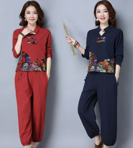 F GN6018 春夏民族风棉麻宽松休闲套装