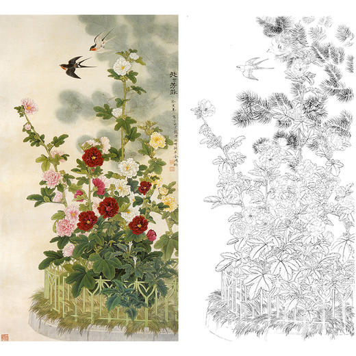 竖幅工笔花鸟白描底稿-牡丹-金鸿钧《处处芳菲》-多种白描尺寸可选-JR03 商品图0