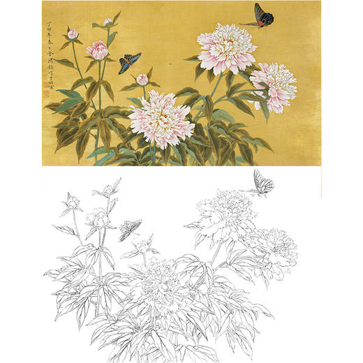 横幅工笔花鸟白描底稿-金鸿钧芍药双蝴蝶-JR19 商品图0