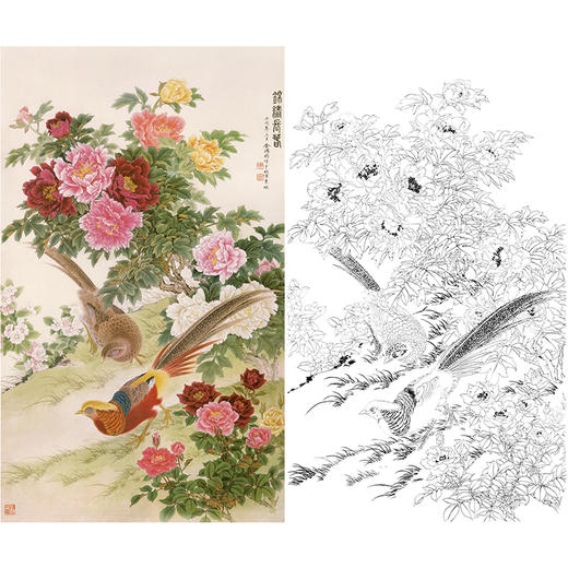 竖幅工笔花鸟白描底稿-牡丹锦鸡-金鸿钧《锦绣长春》-多种白描尺寸可选-JR10 商品图0