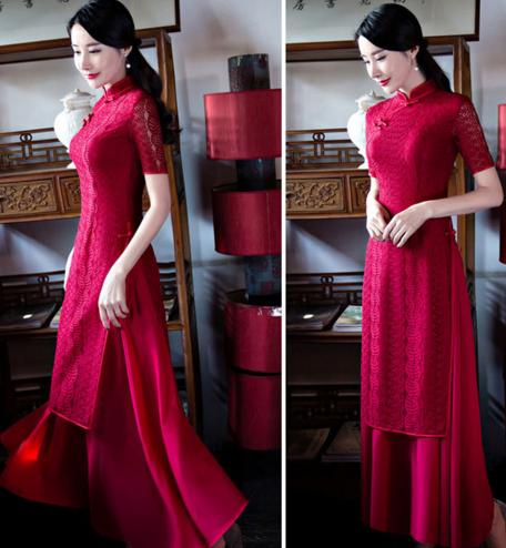 ML 038复古红 新款复古红蕾丝奥黛连衣裙 商品图0