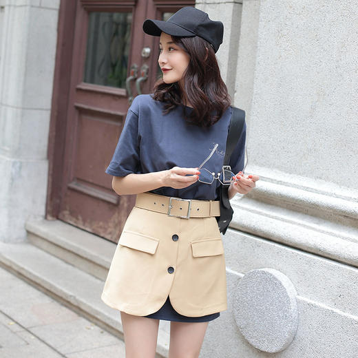 【女士T恤】时尚字母刺绣短袖女裙两件套配腰带 纯棉T恤A字裙女装套装夏 商品图0