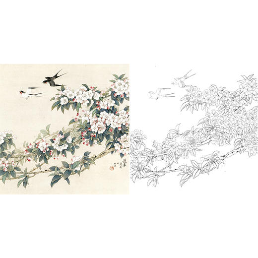 工笔花鸟白描底稿-王庆升《竞春》斗方小品册页-多种白描尺寸可选-QB06 商品图0